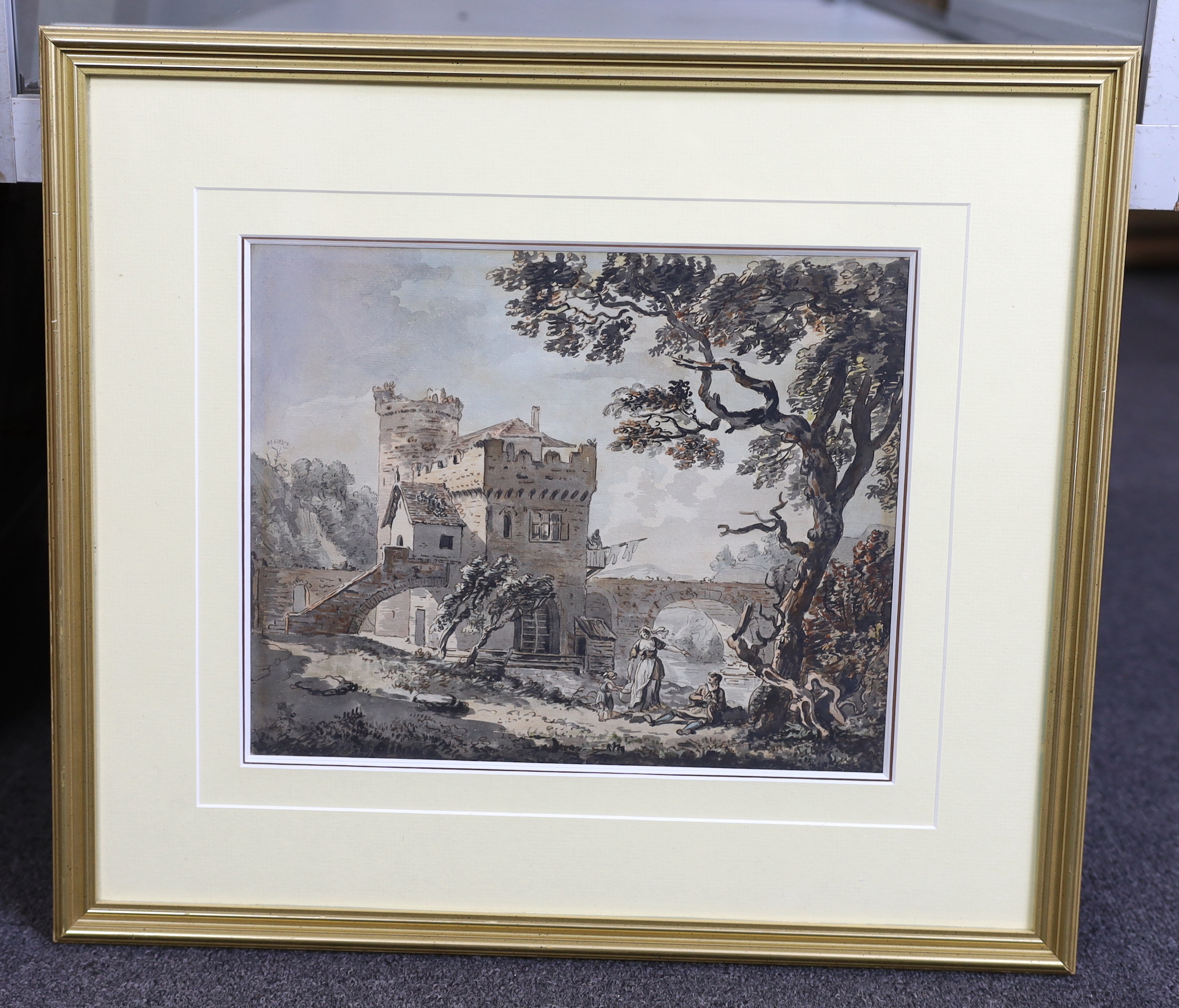 Attributed to Paul Sandby (British, 1730-1809), 'A fortified bridge in a river landscape', ink and watercolour, 25 x 31cm